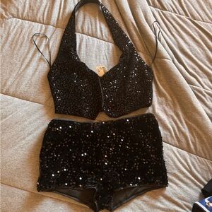 Zara Black Ruched Halter Crop Top with Sequin Trim